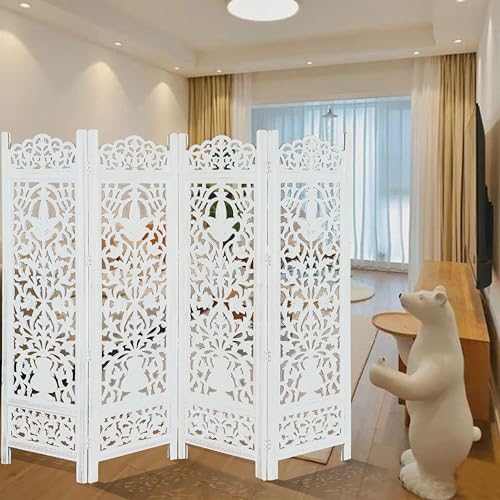 Lightnpro Wooden Room Divider - Handmade Foldable Partition Screen with Intricate Oval Carved Design Hinged