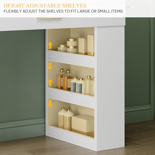 DWVO Vanity Desk with Mirror, Large Makeup Table with Power Outlets, 11 LED Bulbs, 3 Adjustable Light Modes, 4 Drawers and Built-in Shelves