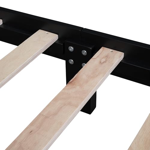 Retro Queen Bed Frame Wood Platform Bed with Headboard and Wooden Slat Support No Box Spring Needed (Black)