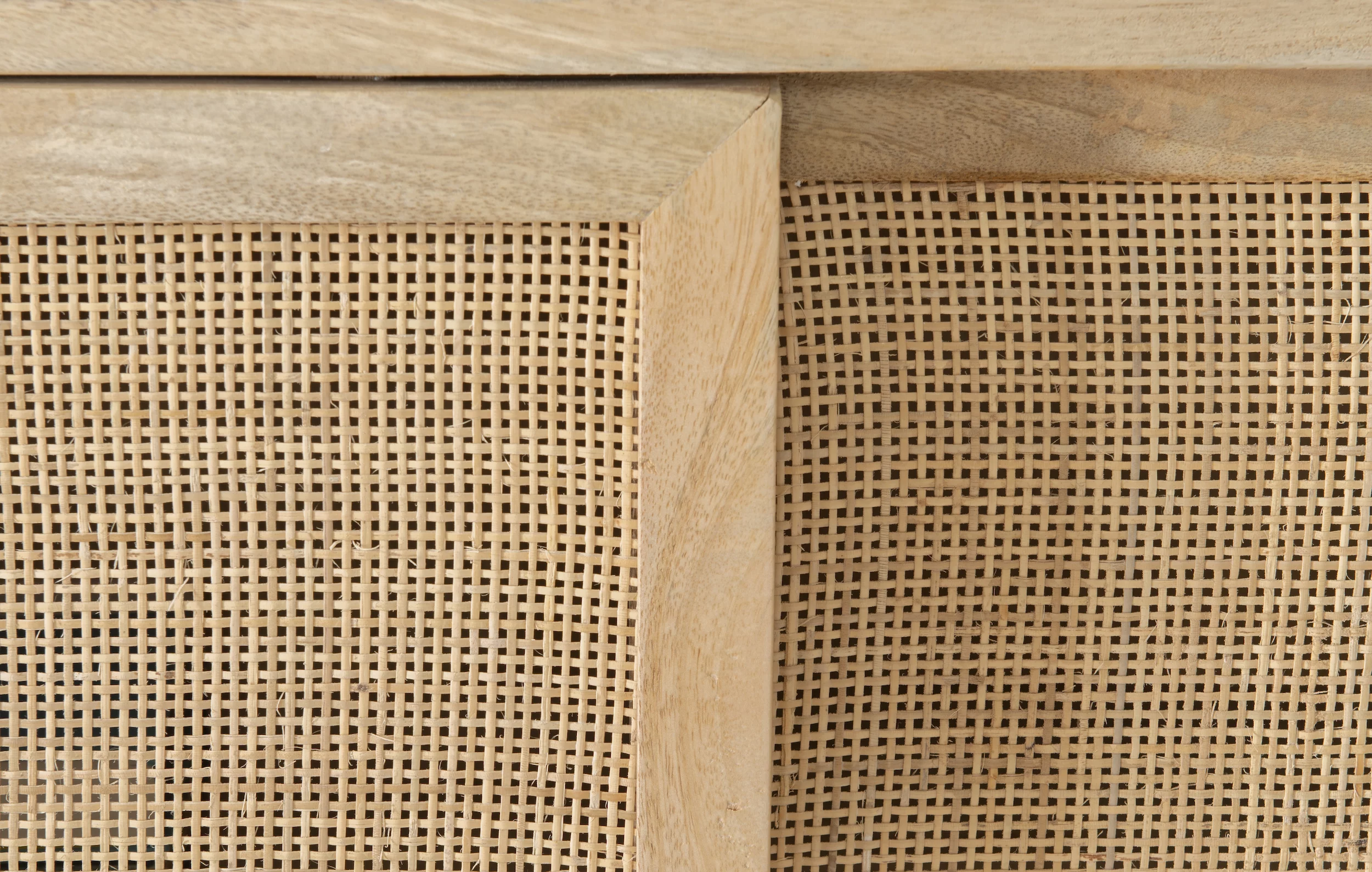 Blair Rattan Sliding Doors Cabinet with Shelves, Natural and Gold