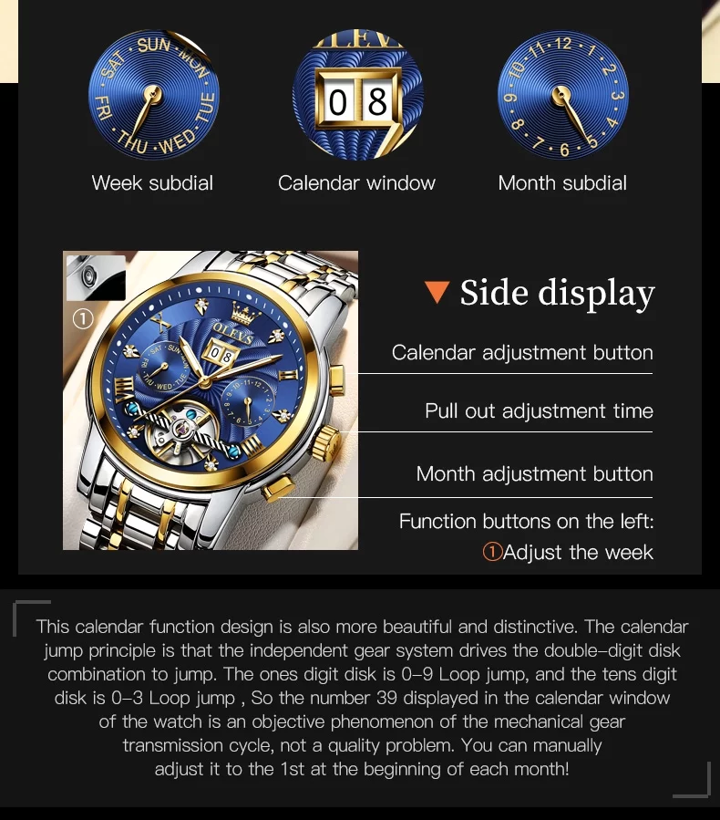 OLEVS Watch for Men Automatic Skeleton Tourbillon Mechanical Self Winding Business Luxury Dual Calendar Stainless Steel Luminous Waterproof Man Wrist
