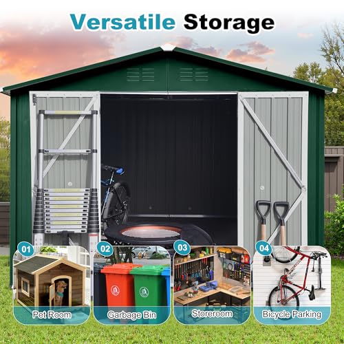 8x6 FT Outdoor Storage Shed, Metal Tool Shed with Lockable Doors, Peaked Roof & Frame Floor