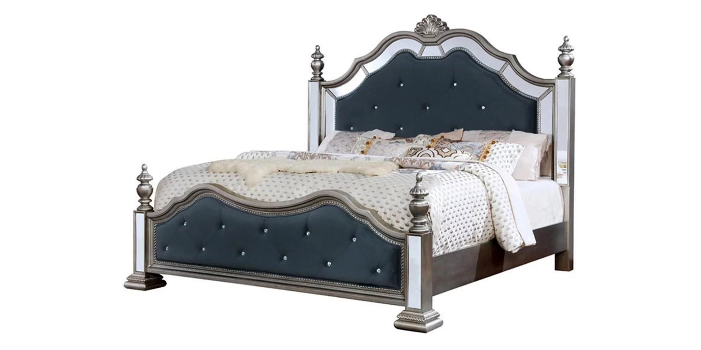 Glam Black Silver & Mirror Queen Poster Bed McFerran B1722 Modern Contemporary