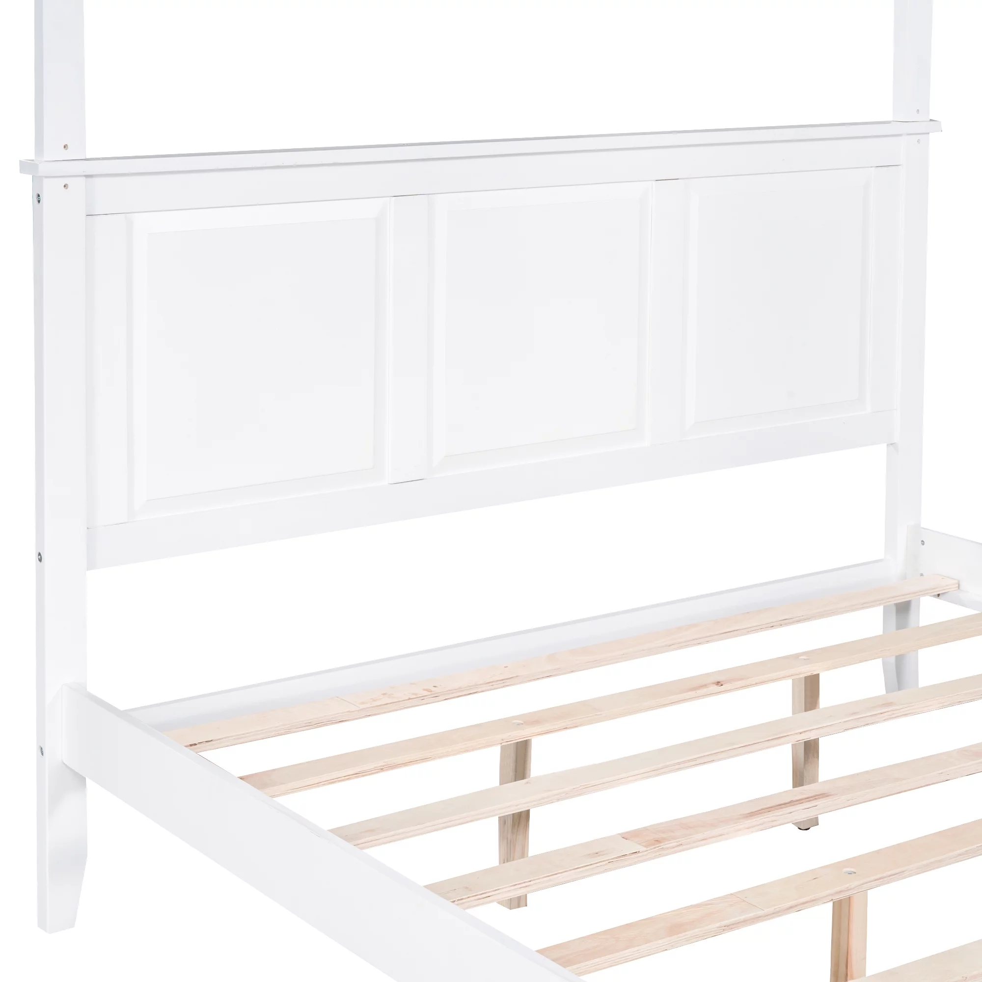 Euroco Wood Queen Size Canopy Platform Bed with Four Support Legs for Kids Teens Adults, White
