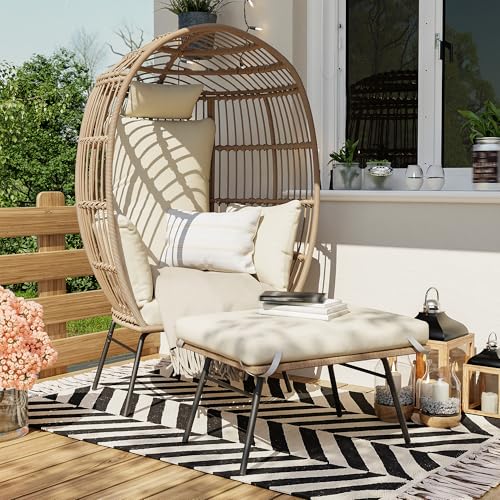 Oversized Wicker Egg Chair with Ottoman, Patio Lounge Chairs with Thick Cushion, Rattan Egg Basket with Steel Frame for Indoor/Outdoor, Porch