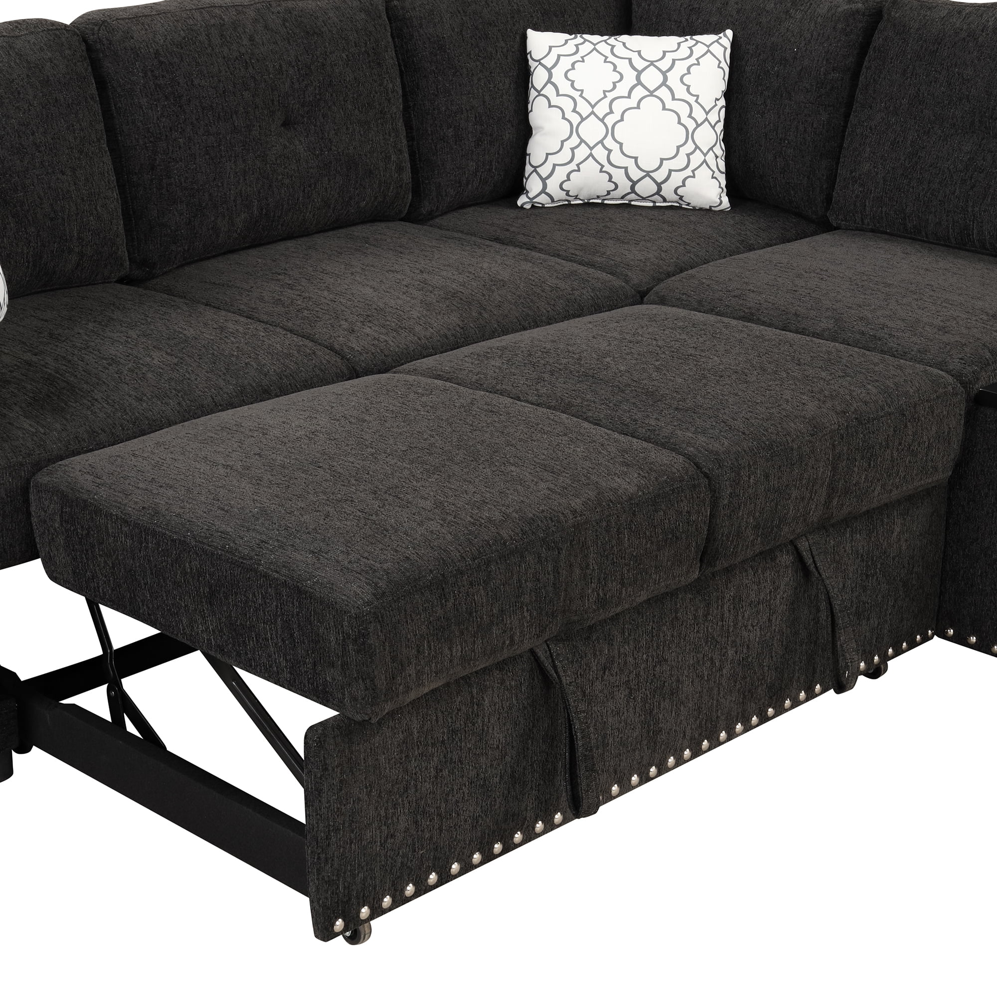 Reversible Sectional Pull-Out Sofa Bed L-Shaped Corner with Storage Chaise, Black