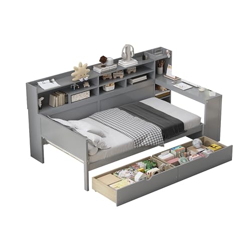 Corner Twin Bed Frame with Bookcase Storage and Desk, Wood Day Beds with 2 Drawers, Twin Size Daybed with Storage for Living Room