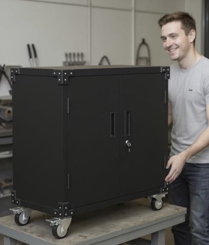 Metal Storage Cabinet, Rolling Tool Cabinet with 2 Adjustable Shelves and Locks & 4 Wheels, Heavy Duty & Rust Resistant Tool Cart