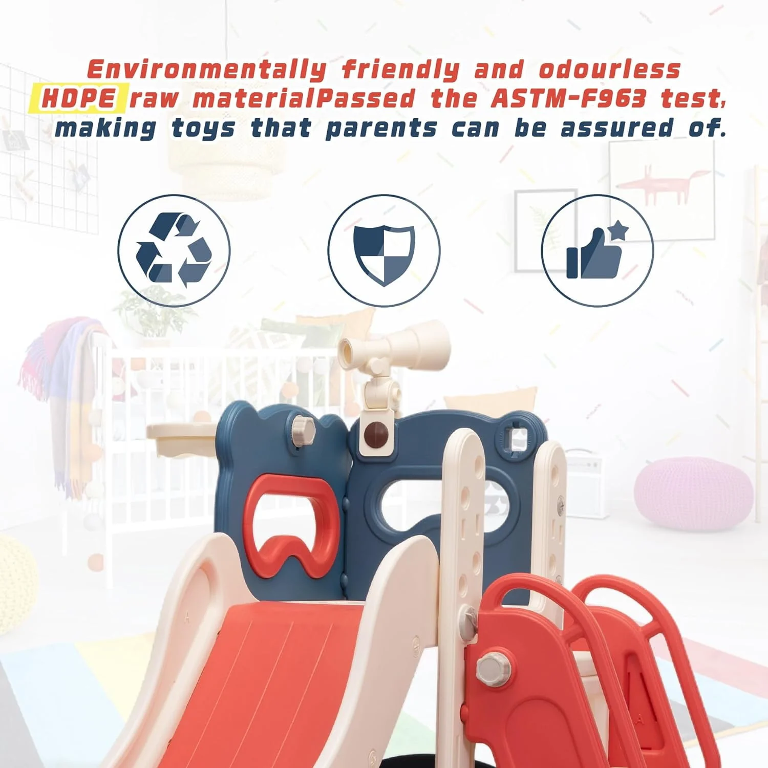 Track 7 5-in-1 Kids Slide and Climber, Freestanding Toddler Playground with Basketball Hoop, Telescope, Ball and Storage Space for Indoor Outdoor, Red