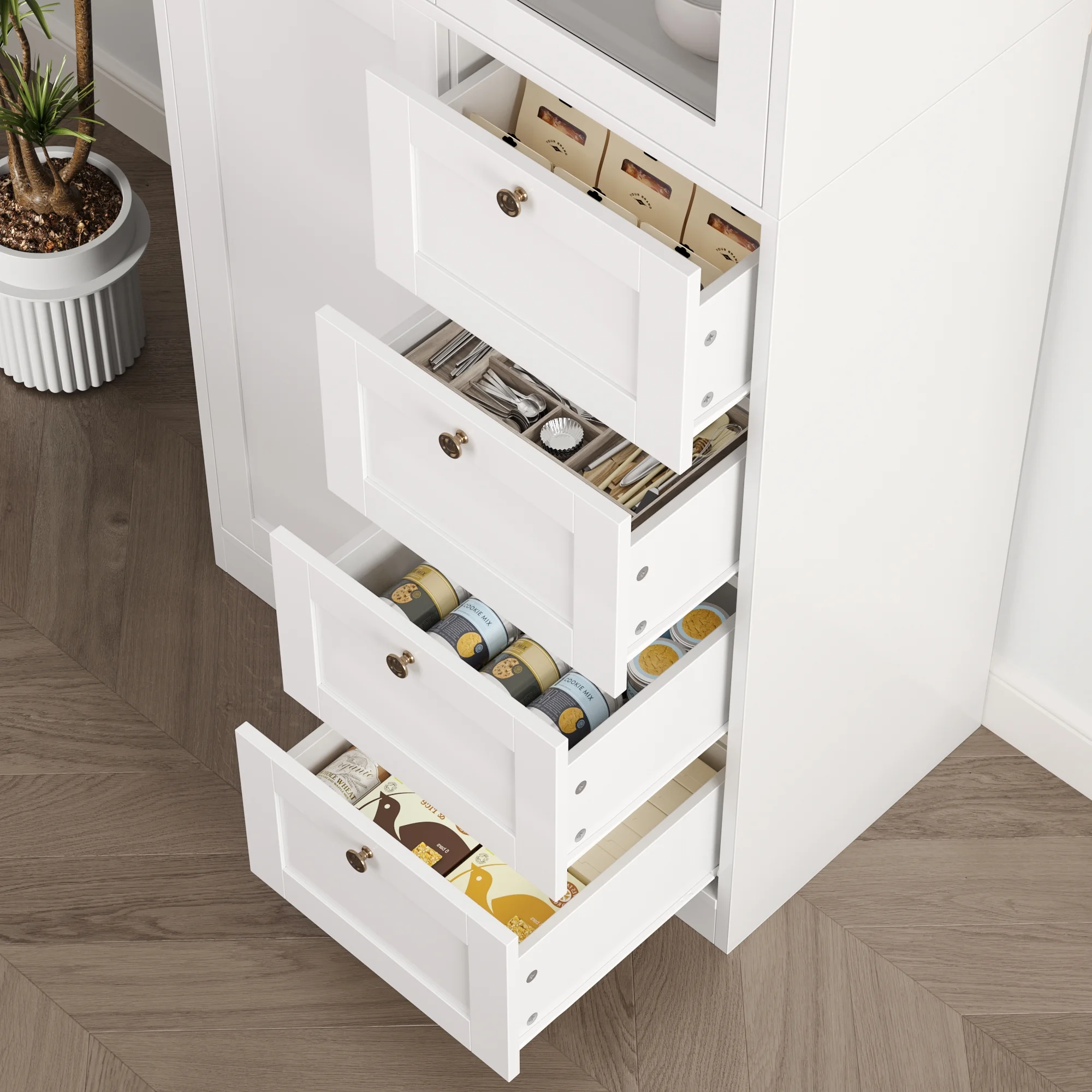 Homfa 70.9''Kitchen Pantry Cabinet with 2 Glass Doors and 4 Drawers, Modern Food Storage Cabinet with Adjustable Shelves for Dining Room, White