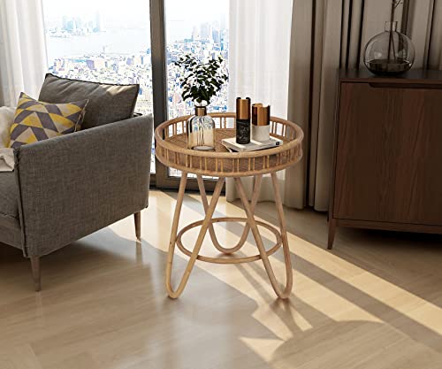 FINECASA Round Rattan Coffee Table, 32'' Wicker Boho Hand-Woven Top