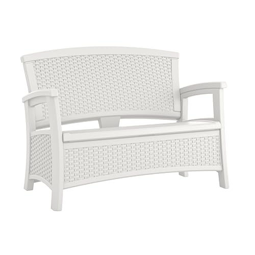 Suncast Elements Stylish Lightweight Loveseat Outdoor Seating with Convenient Built In Universal Storage, and All Weather Plastic, White
