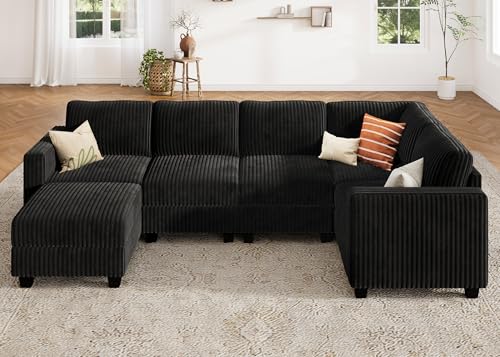 HONBAY Corduroy Modular Sectional Couch with Storage L-Shaped Sectional Couches for Living Room 6 Seater Modular Sofa, Dark Gray