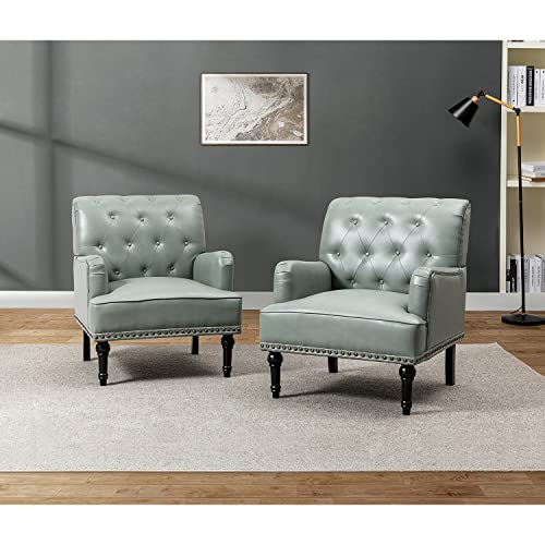 HULALA HOME Faux Leather Accent Chair with Button-Tufted Back, Comfy Upholstered Armchair with Nail Head Trim and Retro Wood Legs