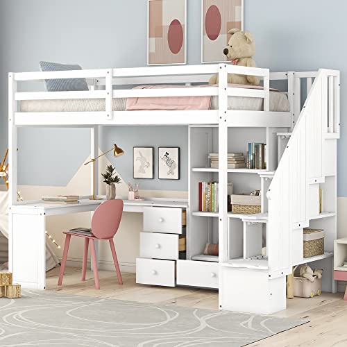 Harper & Bright Designs Twin Size Loft Bed with L-Shaped Desk and Stairs, Solid Wood Loft Bed Frame with Storage Drawers and Bookcase