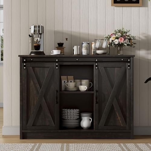 4 EVER WINNER Coffee Bar Cabinet with Sliding Barn Doors, 42” Sideboard Buffet Cabinet with Storage