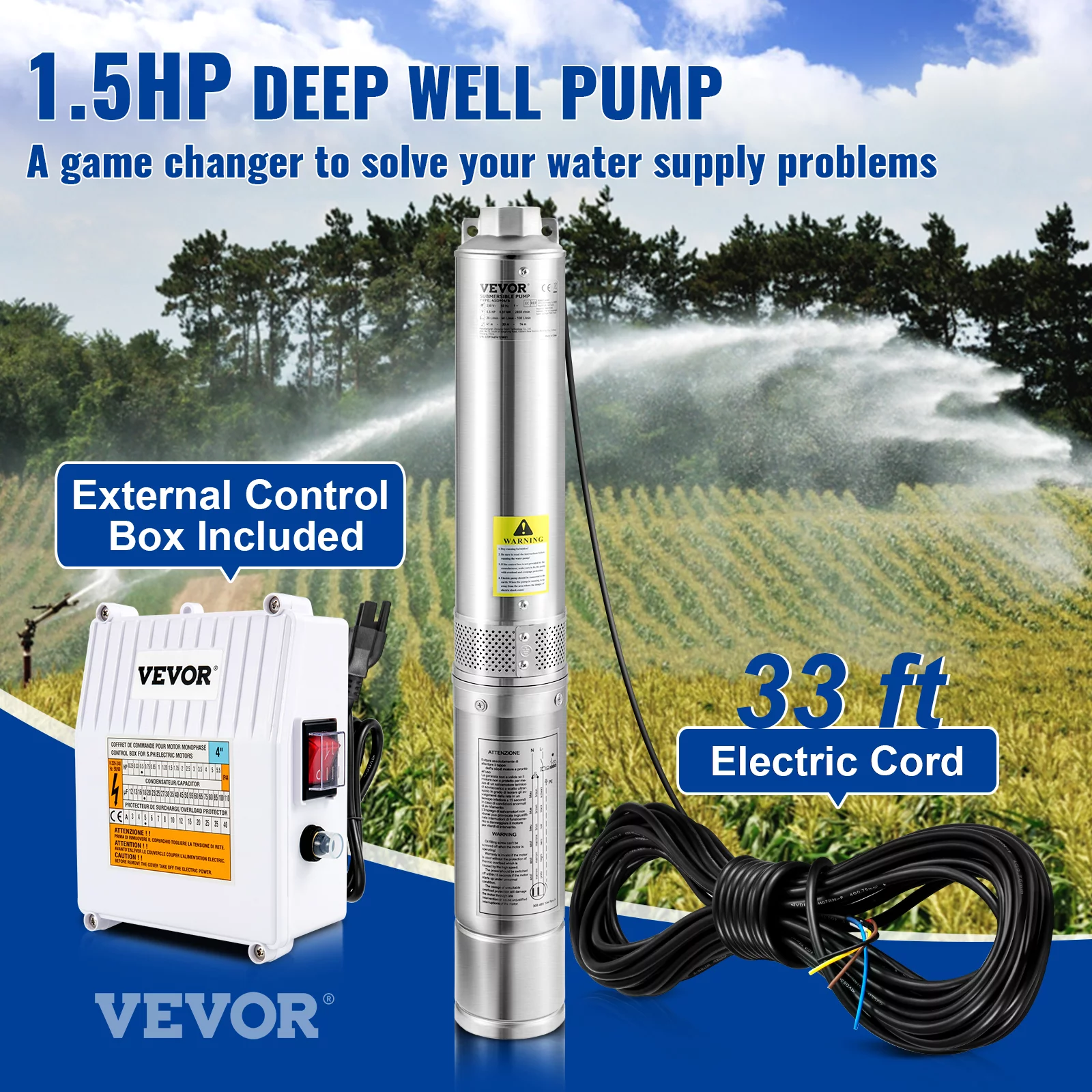 VEVOR Deep Well Submersible Pump, 1.5HP 115V/60Hz, 37GPM 276ft Head, with 33 ft Cord & External Control Box