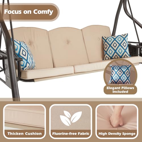3-Seat Outdoor Porch Swing with Stand, Patio Swing with Canopy