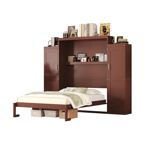 Harper & Bright Designs Full Size Murphy Bed, Wood Full Wall Bed with Two Closets and Storage Shelf
