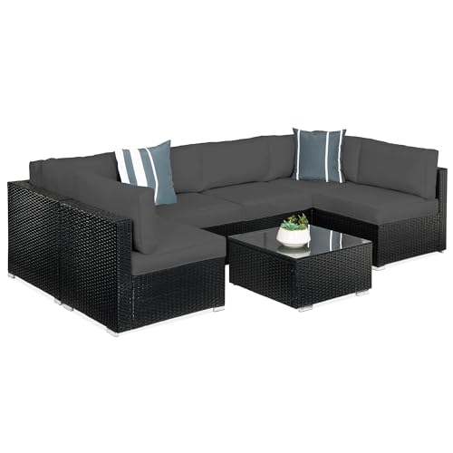 Best Choice Products 7-Piece Modular Outdoor Sectional Wicker Patio Conversation Set w/ 2 Pillows, Coffee Table, Cover Included - Gray/Navy
