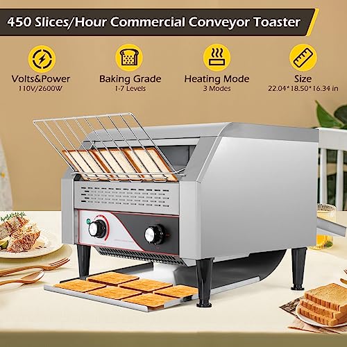 Dyna-Living Commercial Toaster 450 Slices/Hour Conveyor Toaster Heavy Duty Commercial Toaster for Restaurant 2600W Conveyor Belt Toaster Oven for