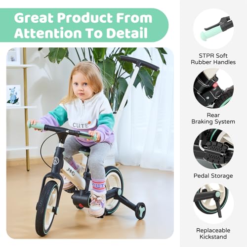 JMMD Toddler Bike with Push Handle for Kids 18-60 Months, 6 in 1 Foldable Push Bike with Training Wheels, Pedals, Brakes, Kickstand
