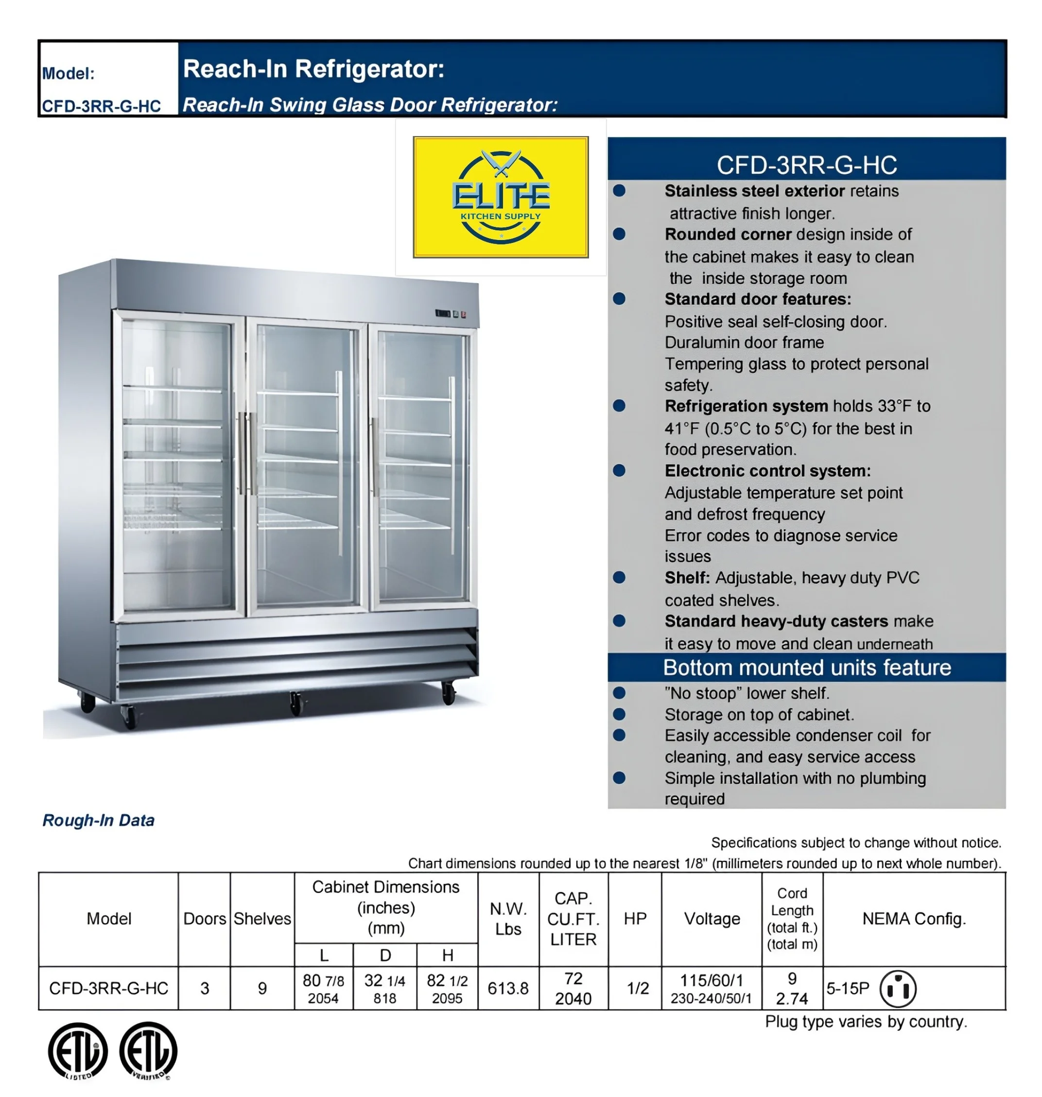 81 in. Three Glass Door Upright Reach-In Stainless Steel Commercial Refrigerator, 72 Cu. ft.