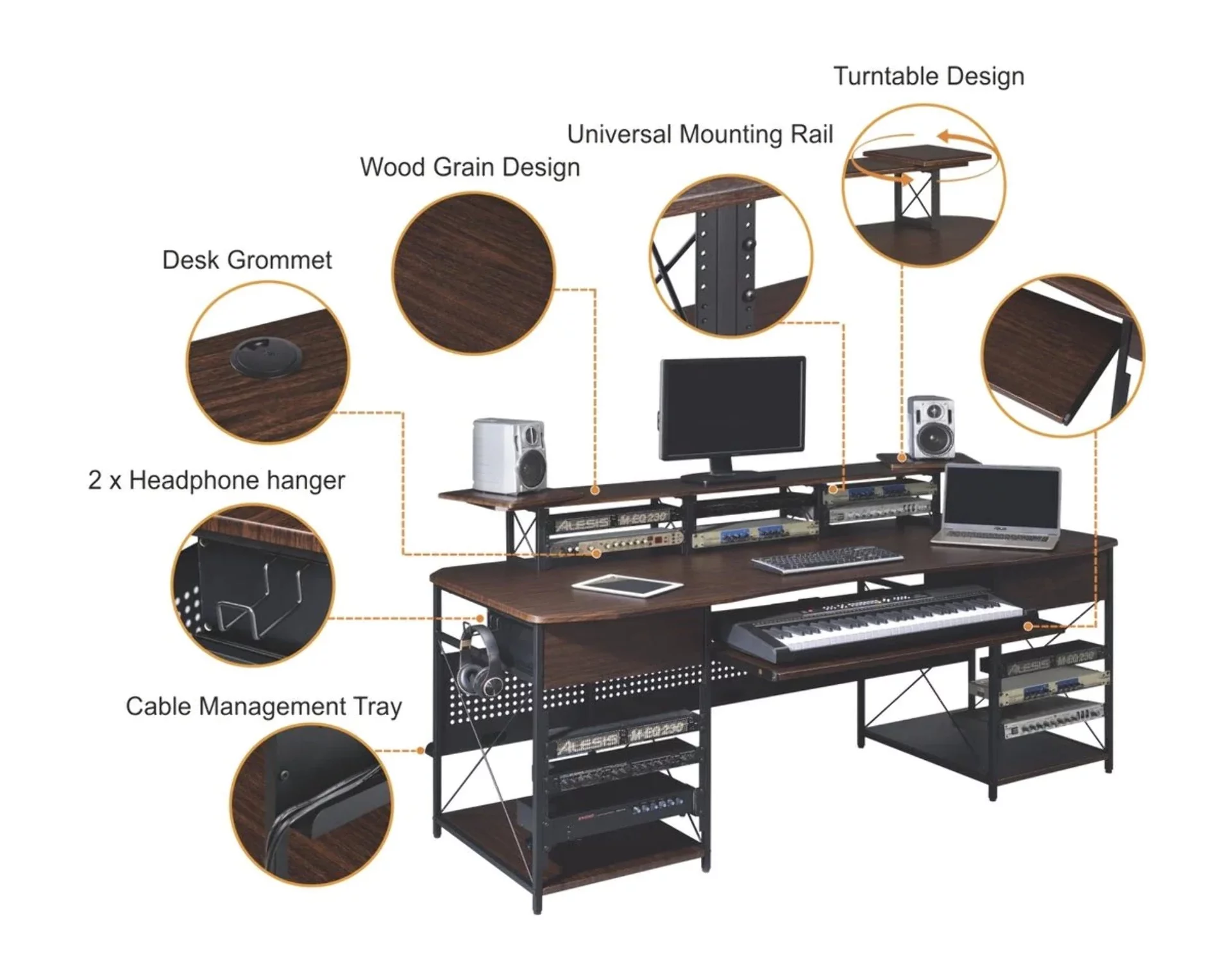 Musiea EX200 Series Pro Music Recording Studio Desk Workstation w/ 3 x 4U Rack and 2 x 9U Rack