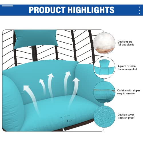 ALAULM Egg Swing Chair Outdoor Indoor Wicker Rattan Hanging Chair with Stand 350lbs Capacity w/Strong Frame & Blue Cushions for Patio Balcony Bedroom