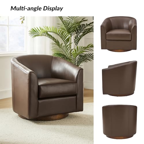 HULALA HOME Swivel Barrel Chair Set of 2, Genuine Leather Swivel Accent Chair with Solid Wood Base, Round Barrel Chair for Living Room & Bedroom