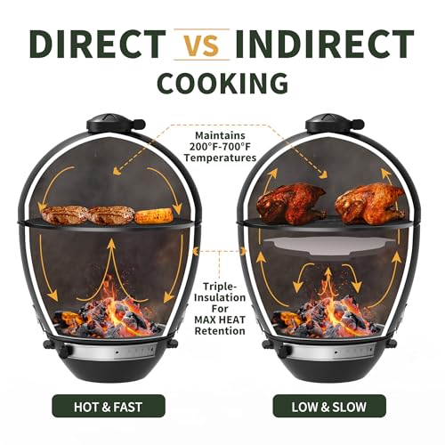 Brand-Man RODEO Steel Kamado Charcoal Grill & Smoker - 22" Cast Iron Grates, Grilling Basket, Large Prep Table Cart, Ideal for Outdoor Cooking