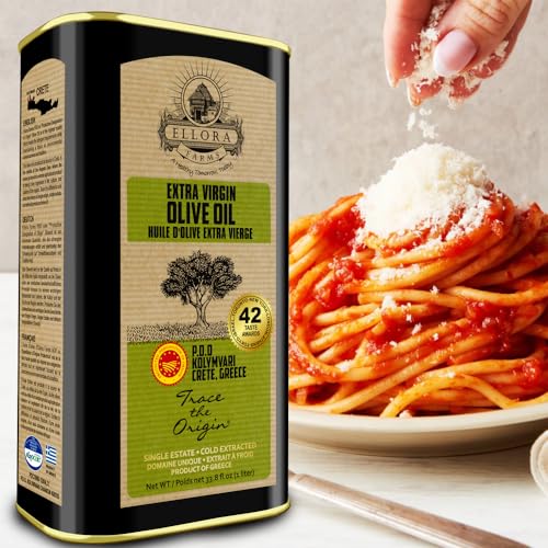 Ellora Farms, Single Estate PDO Greek Extra Virgin Olive Oil, Cold Pressed & Traceable Olive Oil, Kosher, 1 Lt Tin (33.8 oz.), Pack of 4