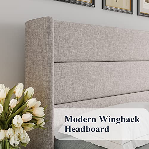 Allewie Full Size Lift Up Storage Bed, Modern Wingback Headboard, Hydraulic Support, No Box Spring Needed, Light Beige