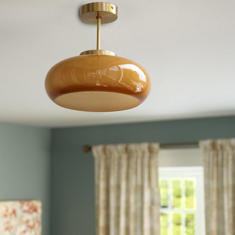 Arturesthome Ceiling Light Fixture Glass Lampshade Pendant Light with Brass Cover Amber Glass Hanging Lamp Vintage Yellow Glass Semi Flush Mount