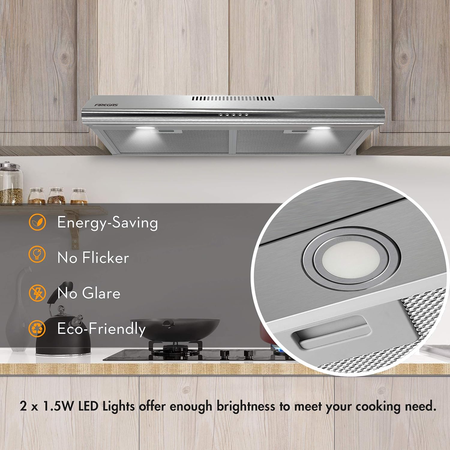 FIREGAS Under Cabinet Range Hood 36 inch with Ducted/Ductless Convertible, Slim Kitchen Over Stove Vent, LED Light, 3 Speed Exhaust Fan