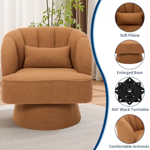 GarveeHome Modern Swivel Barrel Accent Chair, 360° Teddy Fabric Upholstered Armchair with Striped Backrest & Plush Padding