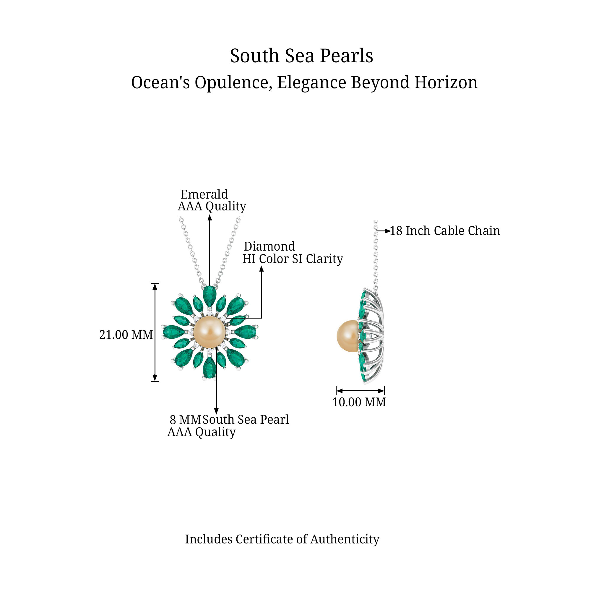 South Sea Pearl Pendant with Emerald and Diamond, Floral Pendant Necklace, 18K White Gold