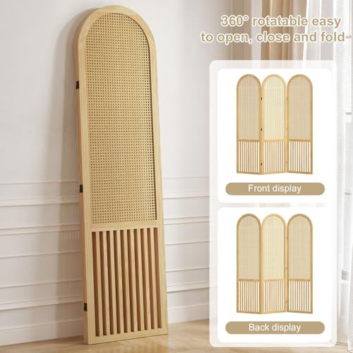 Room Divider and Folding Privacy Screens, Pine Wood 5.6 Ft Double Hinged Rattan Partition Freestanding Wall Room Divider for Home - 3 Panels