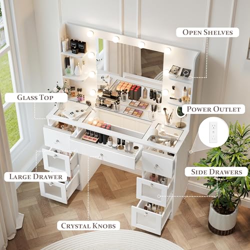 Makeup Vanity with Lights 3 Colors, Glass Top Vanity Desk with 7 Lighted Drawers, 4 Shelves, Power Outlet, Makeup Desk with Mirror for Bedroom