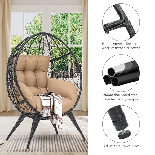 YITAHOME Large Wicker Egg Chair with Stand for Indoor and Outdoor, Cushion, and Adjustable Leveling Feet, Large Lounger for Garden, Patio, Balcony