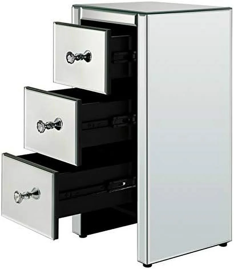 RUNFAYBIU Mirrored Nightstand  Mirrored End Table with 3 Drawers and Crystal-Style Knobs   Mirrored Bedside Table for Bedroom  Living Room  Small