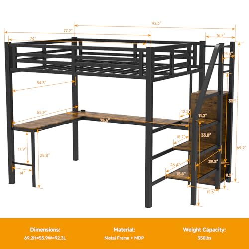 Full Size Loft Bed with Desk and Storage Stairs, Heavy Duty Metal Loft Bed Frame with Wardrobe