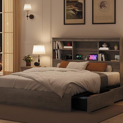 GarveeHome Full Size Bed Frame with High Storage Bookcase Headboard, Wood Bed Frame with 4 Storage Drawers, Built in Charging Station