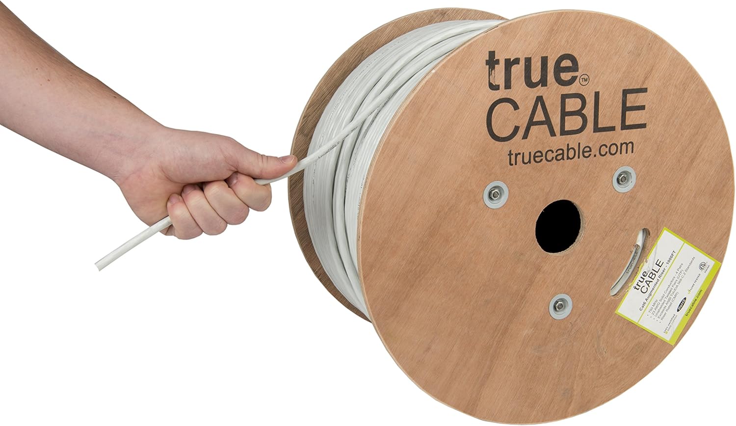 trueCABLE Cat6A Riser (CMR), 1000ft, Blue, 23AWG 4 Pair Solid Bare Copper, 750MHz, PoE++ (4PPoE), ETL Listed, Unshielded Twisted Pair (UTP)