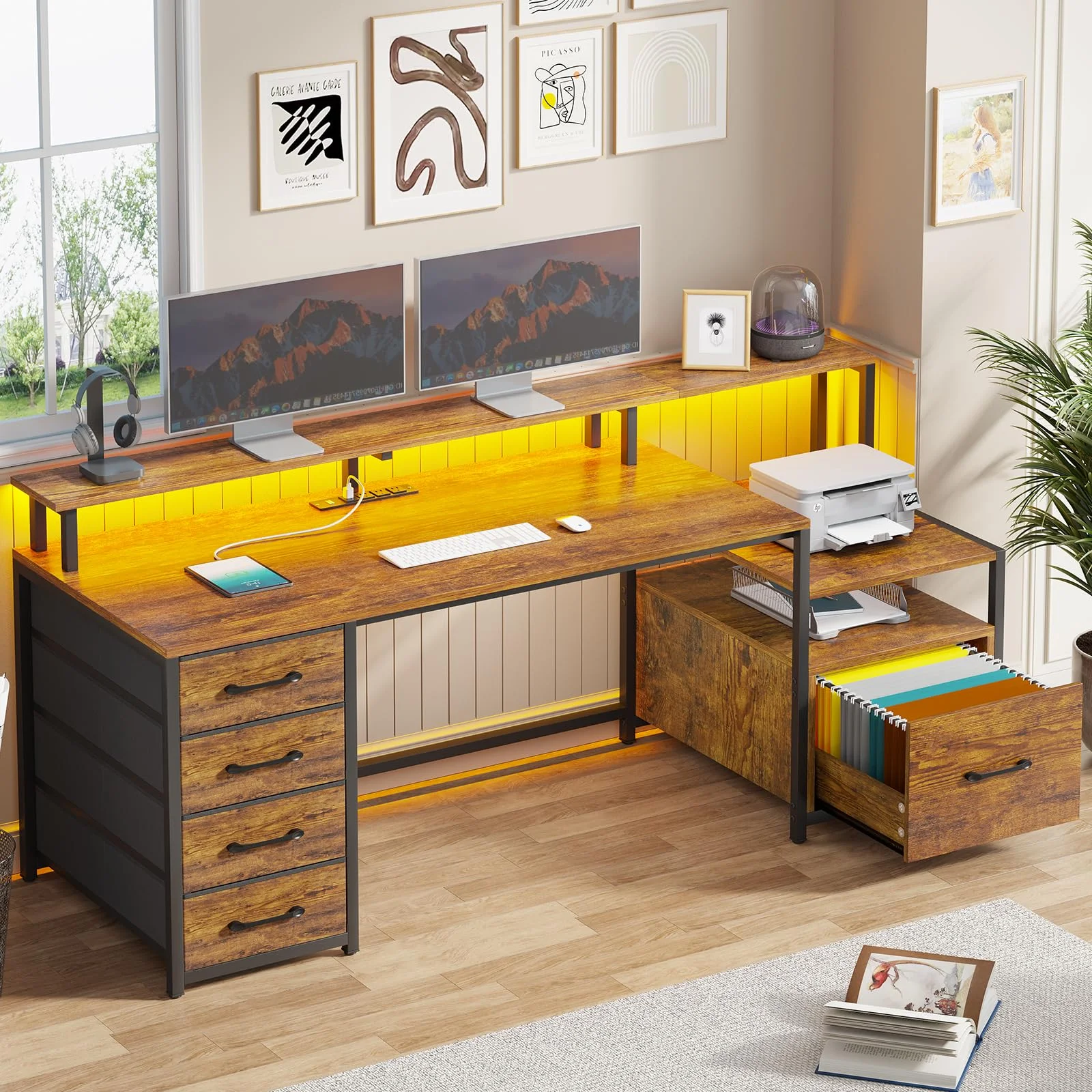 SEDETA Home Office Desk with File Drawer and Power Outlet, 66'' Computer Desk with 4 Drawer, Storage Shelves, Printer Cabinet and Monitor Shelf