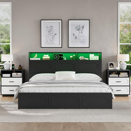 Queen Bed Frame with 47" Storage Headboard, Queen Size Wood Bed Frame with 4 Storage Drawers, Built-in Charging Station & LED, Solid Wood Slats