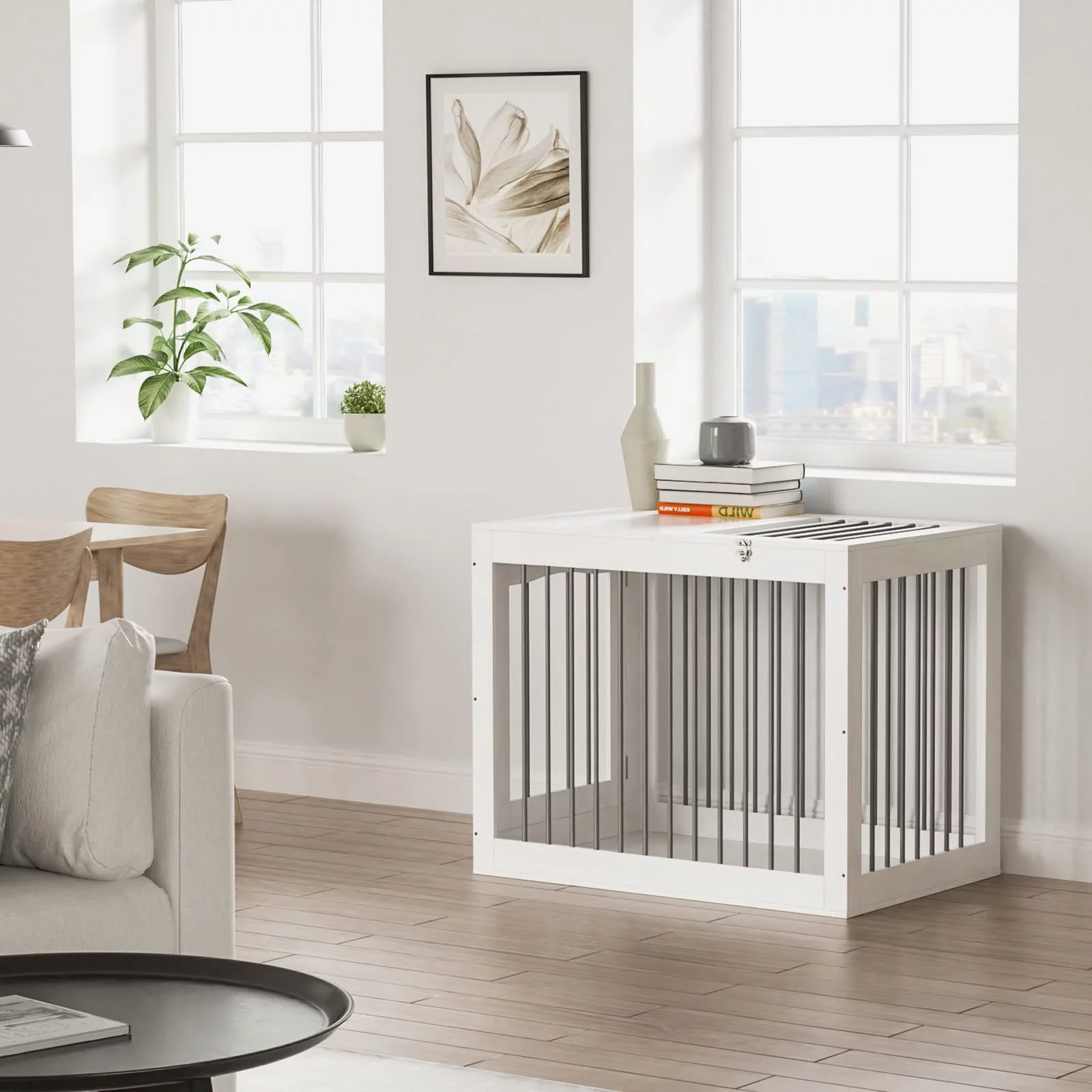 Furniture Style Dog Crate, Wooden Dog Kennels with Double Doors, Modern Decorative Dog Crates for Medium Large Dogs, Dog Cage Indoor, White
