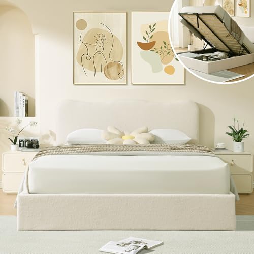 VELOCAVA Queen Size Lift-Up Storage Bed, Upholstered Boucle Bed with Curved Headboard, Rounded Corners, Sturdy Wooden Slat Support