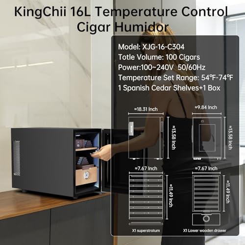 KingChii 16L Electric Cigar Humidors Temperature Control System, Cooling & Heating Humidor Cabinet with Spanish Cedar Wood Shelves & Hygrometer