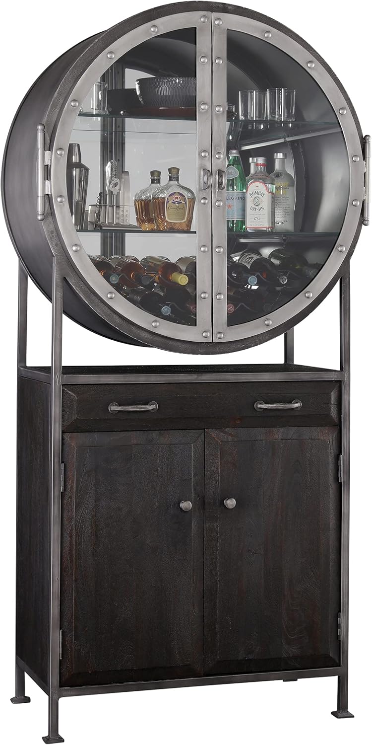 Howard Miller Rob Roy II Wine & Bar Cabinet 695-237 – Aged Mocha Finish, Aged Iron Finished Metal Frame, Home Liquor Storage, Metal Stemware Rack